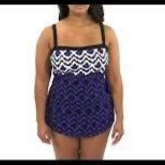 Maxine Of Hollywood 18 Ikat Print One Piece Swimsuit Blue Purple Flutter Bottom - Picture 1 of 10